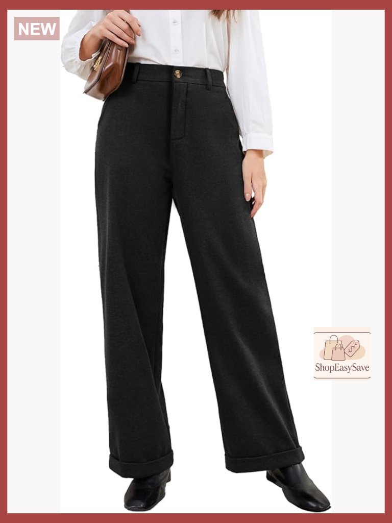 High Waisted Wide Leg Dress Pants Fleece Lined Stretchy Trousers